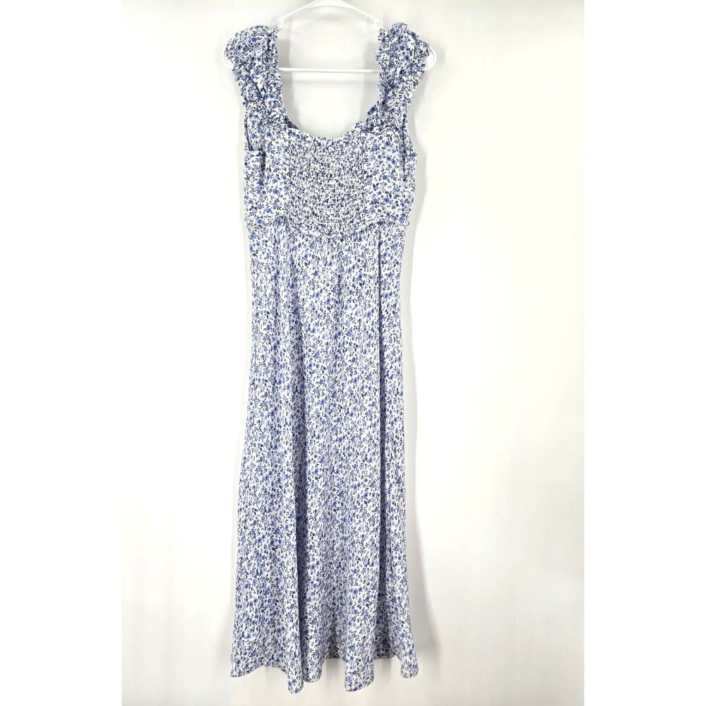 NWT Gap Women Maxi Dress Medium Blue Sweetheart Crepe Floral Smock Ruffle Summer - Picture 4 of 16